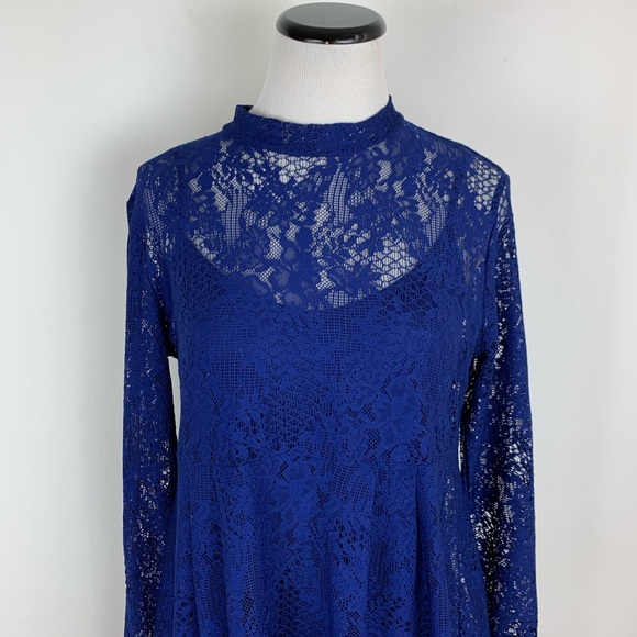 ❌ASOS Lace Long Sleeve Fit & Flare Dress Navy Sz 10 - Picture 2 of 8